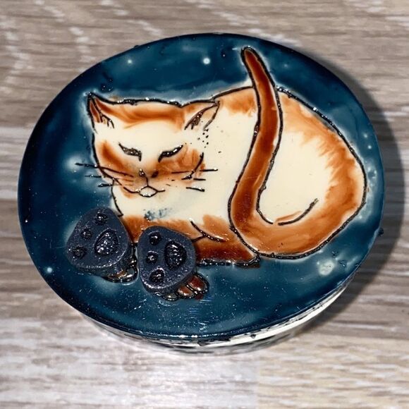 Cat trinket box jewelry holder kitty cat paw prints vintage earrings pin trinket - Picture 5 of 5